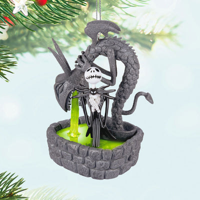 Jack Skellington in Halloween Town fountain ornament with glowing green light from The Nightmare Before Christmas.

