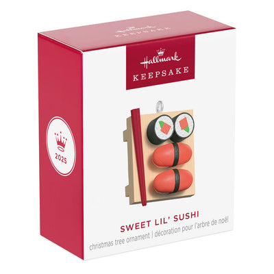 Mini sushi ornament with maki rolls, tuna nigiri, chopsticks on geta tray, Hallmark Keepsake food-themed Christmas collectible