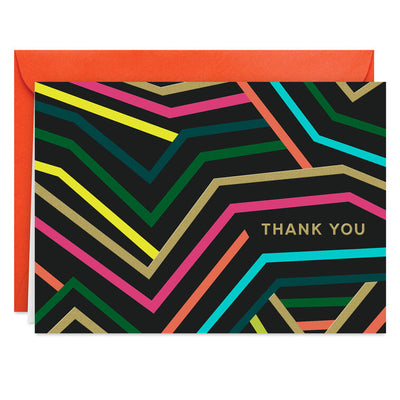Black thank-you cards with angular neon lines in bold colors and gold foil lettering.

