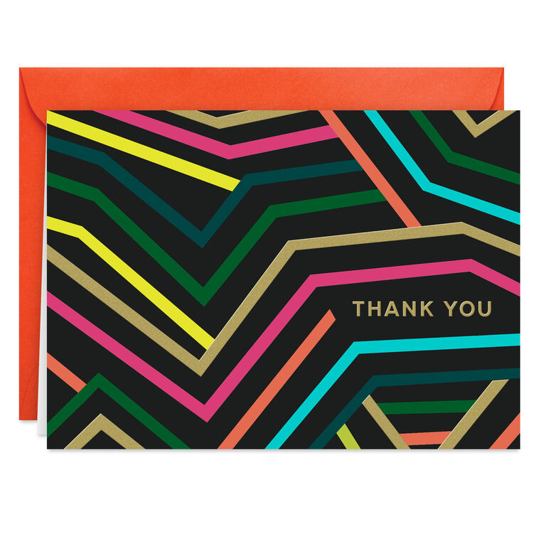 Black thank-you cards with angular neon lines in bold colors and gold foil lettering.
