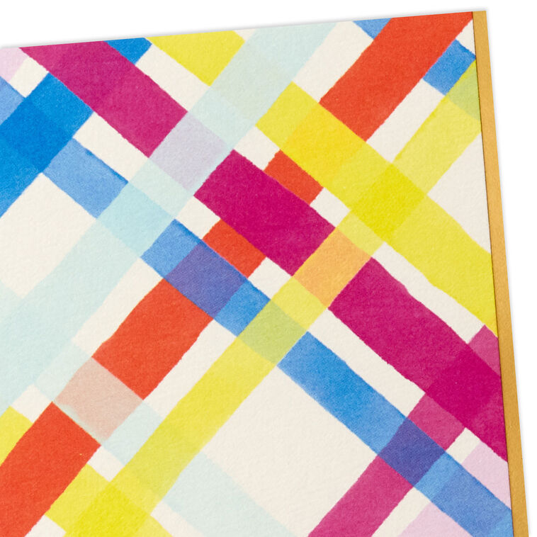 Bright pastel plaid blank note cards with gold foil accents and kraft envelopes.
