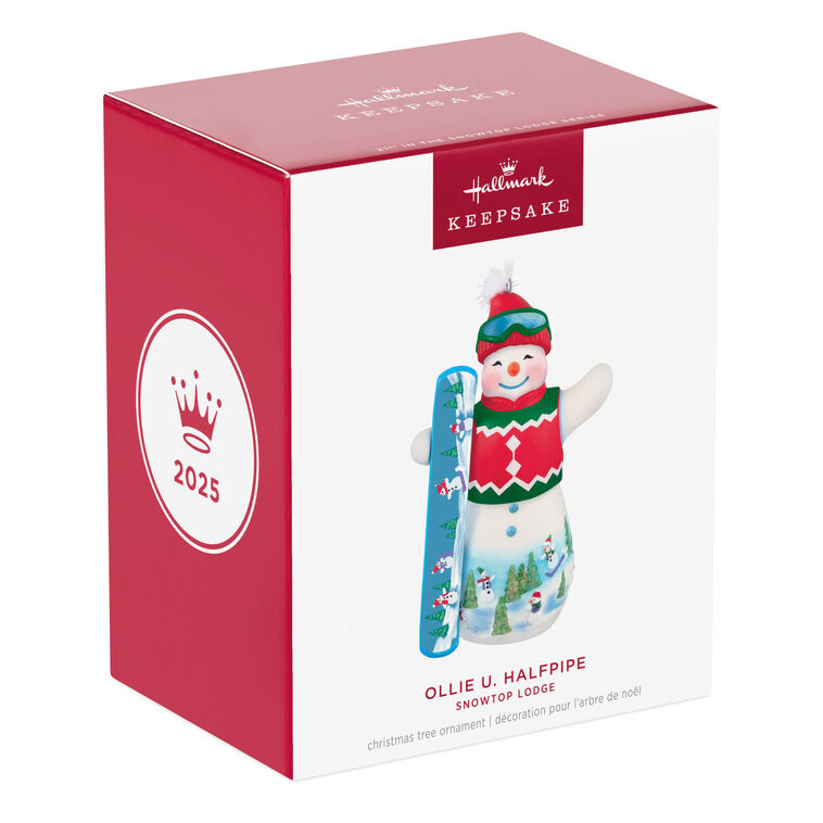 Hallmark Keepsake Ollie U. Halfpipe porcelain snowman ornament in red sweater vest, goggles, stocking hat, holding snowboard, snowy mountain scene