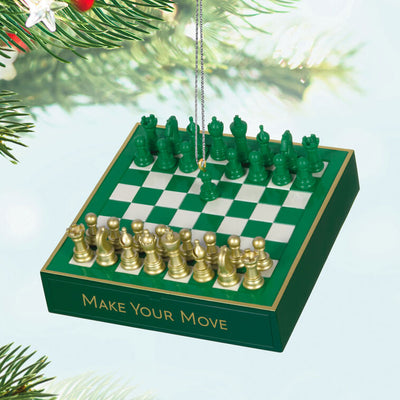 Chess ornament with green and gold pieces on green and white checkerboard, holiday decor for chess enthusiasts

