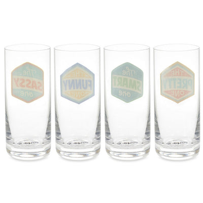 Set of four tall drinking glasses with colorful text: The Sassy One, The Funny One, The Smart One, The Pretty One.