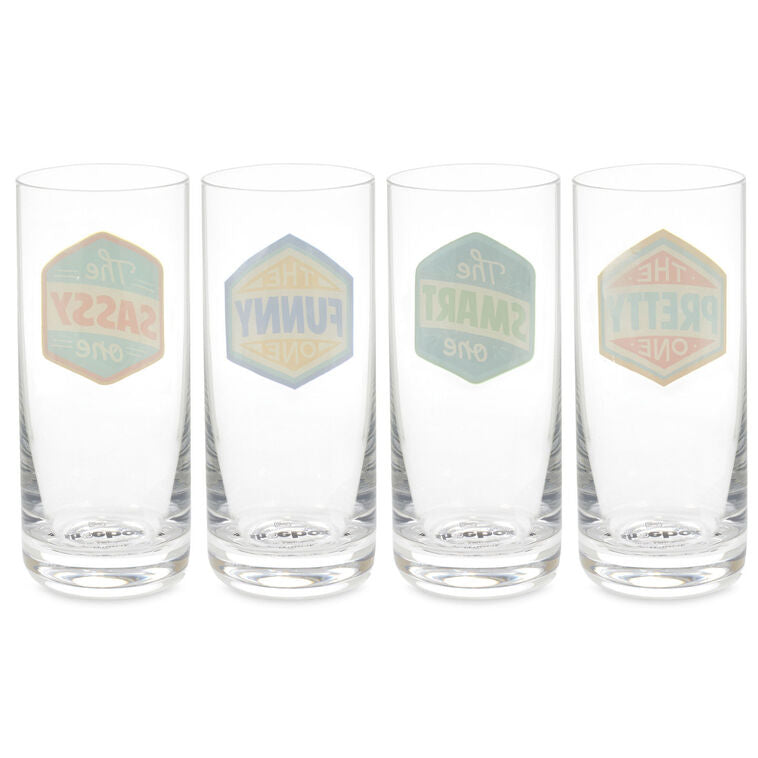 Set of four tall drinking glasses with colorful text: The Sassy One, The Funny One, The Smart One, The Pretty One.
