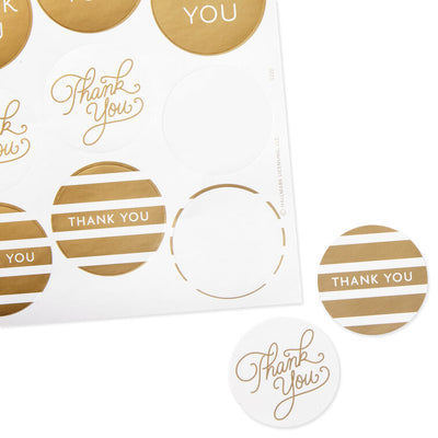 Gold foil thank-you sticker seals in assorted designs, includes 10 sheets of self-adhesive stickers.