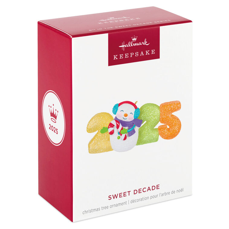 Hallmark Keepsake Sweet Decade 2025 ornament—snowman in purple scarf and blue earmuffs with candy cane, surrounded by glittery gumdrop “2025” numbers