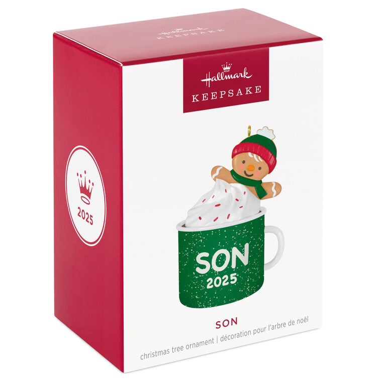 2025 Christmas ornament of gingerbread son cookie in green mug with whipped cream, festive holiday design

