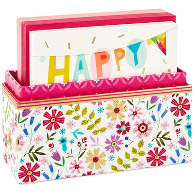 Assorted whimsical note cards with gold foil accents in multiple designs, includes envelopes and reusable caddy.
