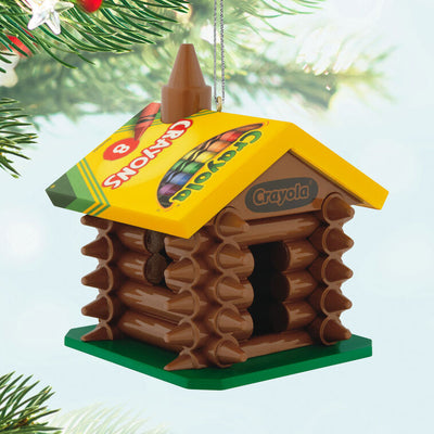 Crayola log cabin ornament made from brown crayons with yellow 8-count box roof, Hallmark Keepsake, holiday decor for kids or teachers.