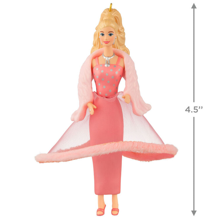 Pink & Pretty Barbie ornament in glamorous pink gown with faux fur trim, inspired by the 1981 doll, Hallmark Keepsake holiday decoration.