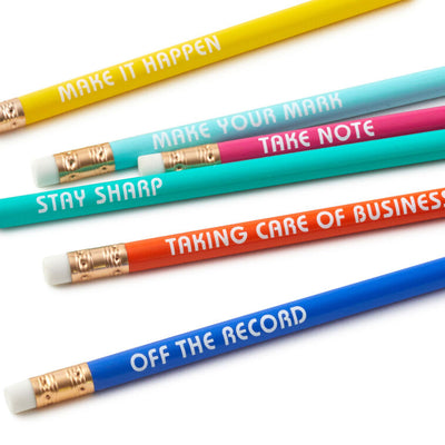 Colorful wooden pencils with motivational messages and white erasers, assorted in blue, pink, aqua, yellow, and orange.

