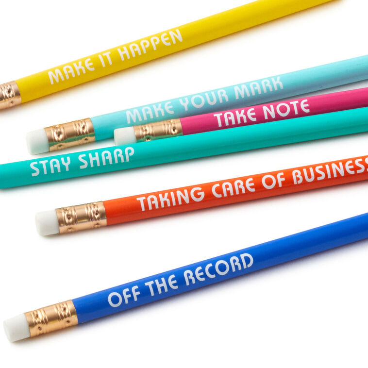 Colorful wooden pencils with motivational messages and white erasers, assorted in blue, pink, aqua, yellow, and orange.
