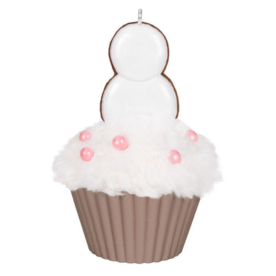 Hallmark Keepsake Christmas Cupcakes Merry Macarons ornament—cupcake with white meringue icing, pink pearl candies, snowman made of macarons