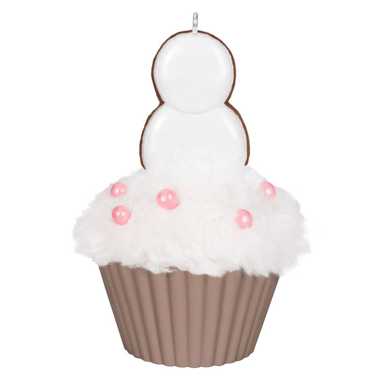 Hallmark Keepsake Christmas Cupcakes Merry Macarons ornament—cupcake with white meringue icing, pink pearl candies, snowman made of macarons