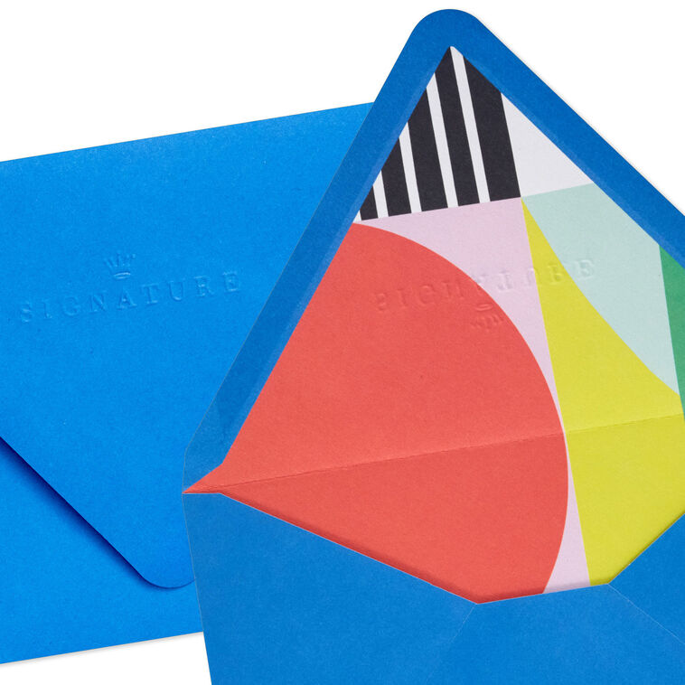Bold royal blue envelopes with abstract multicolor shapes inside the flap and pointed flap design.
