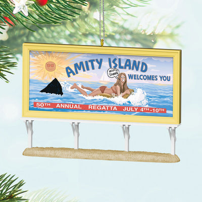 Jaws 50th Anniversary ornament, Amity Island billboard, lenticular image, shark fin, Hallmark Keepsake Christmas decoration.