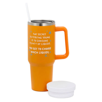 Large orange insulated travel tumbler with handle, straw, and white quote: staying young is to consume plenty of liquids.”
