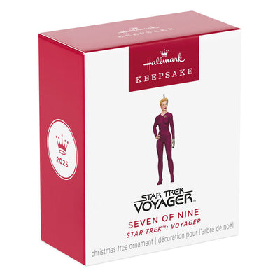Mini Seven of Nine ornament in maroon suit with visible Borg implants, Hallmark Keepsake Star Trek Voyager Christmas collectible