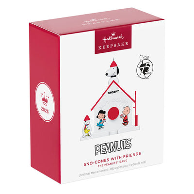Mini Snoopy Sno-Cone Machine ornament with Snoopy, Charlie Brown, and Lucy, 75th anniversary Hallmark Peanuts Christmas collectible
