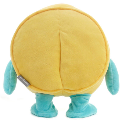 Round yellow smiley face plush toy with blue arms and legs, dancing and singing 'Happy' by Pharrell Williams when activated.
