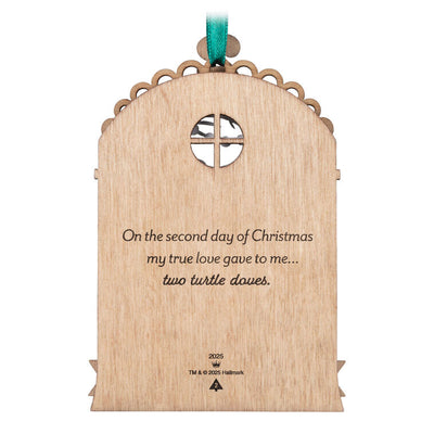Hallmark Keepsake Twelve Days of Christmas Papercraft ornament—laser-cut wood frame with intricate two turtle doves papercraft scene and song verse

