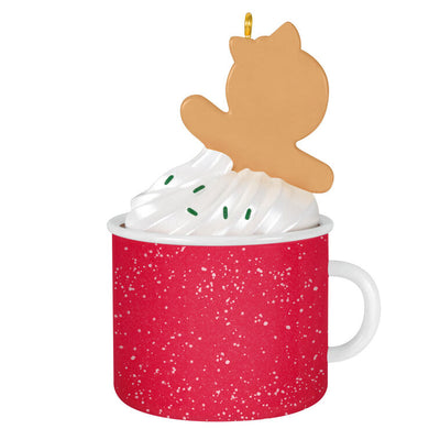 2025 Christmas ornament of gingerbread mom cookie in red mug with whipped cream, festive holiday design

