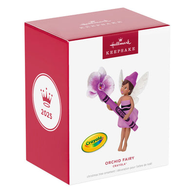 Hallmark Keepsake Crayola Orchid Fairy ornament, pixie in pink with wings, holding a Crayola crayon and flower.
