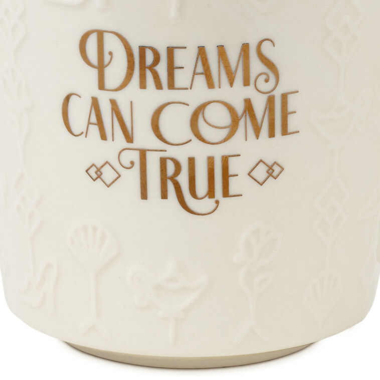 White ceramic Disney Princess mug with gold foil accents, embossed movie icons, and “Dreams can come true” message, 13 oz.