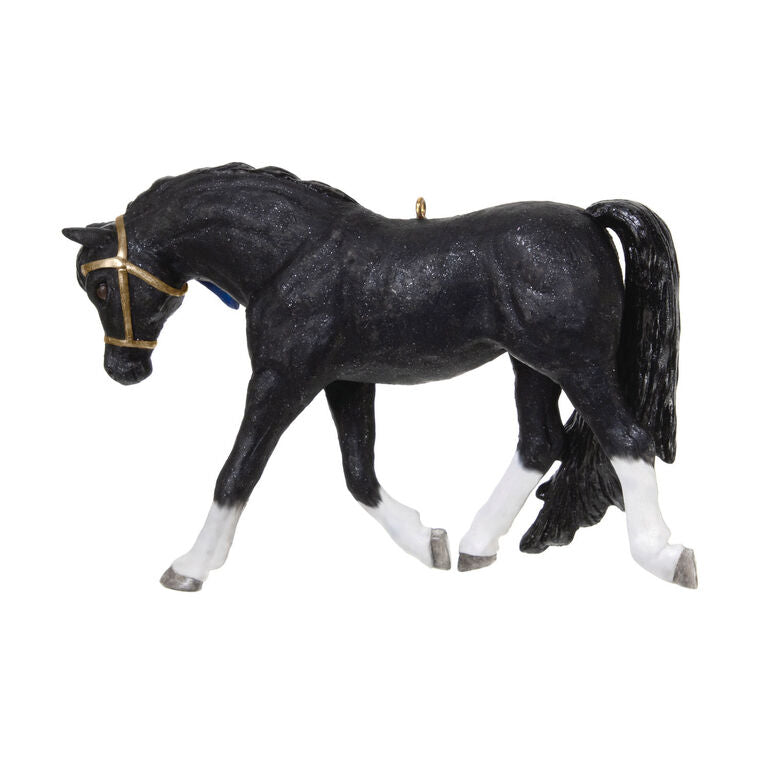 Glossy black Welsh Pony Christmas ornament with white socks and blaze, posed in extended trot, equestrian gift

