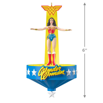 Wonder Woman musical ornament, Lynda Carter in red, white, blue costume, spins with music, Hallmark Keepsake, Christmas tree decoration.