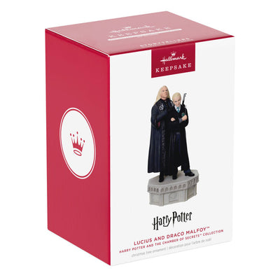 Hallmark Keepsake ornament of Lucius and Draco Malfoy in black robes standing on stone base, light and sound Chamber of Secrets Collection