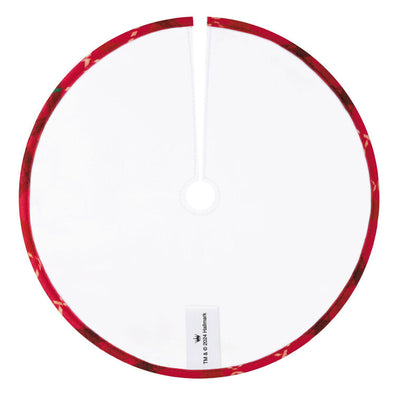 Mini round tree skirt with Santa, snowman, reindeer, gold snowflakes, and red plaid trim, designed to fit small tabletop Christmas trees.