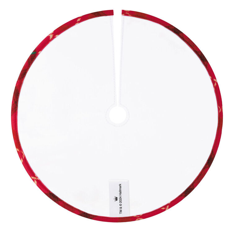 Mini round tree skirt with Santa, snowman, reindeer, gold snowflakes, and red plaid trim, designed to fit small tabletop Christmas trees.