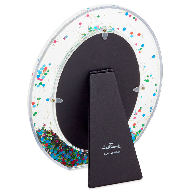 Clear oval picture frame with colorful metallic confetti inside the border, easel back, fits 4x6 vertical photo, Hallmark
