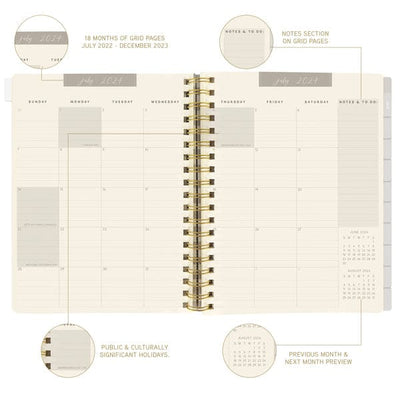 Graphique 6 x 8 hardbound spiral planner with playful cover, elastic band, laminated tabs, and gold foil stickers.

