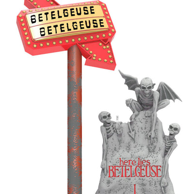 Beetlejuice ornament, grave headstone with marquee sign, Hallmark Keepsake, light-up feature, Christmas tree decoration, horror-comedy collectible.
