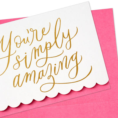 White note cards with gold foil script and scalloped pink edge, bundled in kraft paper wrap.
