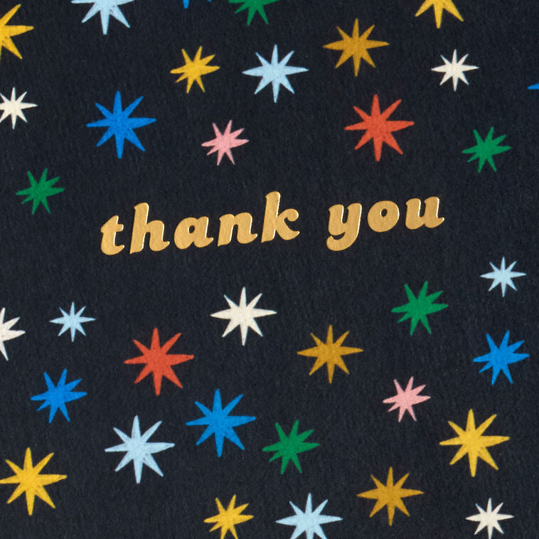 Black thank you cards with multicolor stars and gold foil lettering, shown in a kraft box with white envelopes, pack of 10
