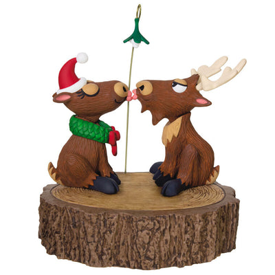 Moose couple Christmas ornament under mistletoe with motion and music playing "We Wish You a Merry Christmas," battery 
