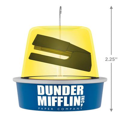 The Office ornament, stapler in yellow gelatin mold, Dunder Mifflin logo, Hallmark Keepsake, sound feature, Christmas tree decoration.