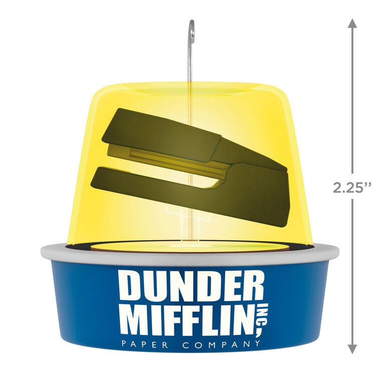 The Office ornament, stapler in yellow gelatin mold, Dunder Mifflin logo, Hallmark Keepsake, sound feature, Christmas tree decoration.