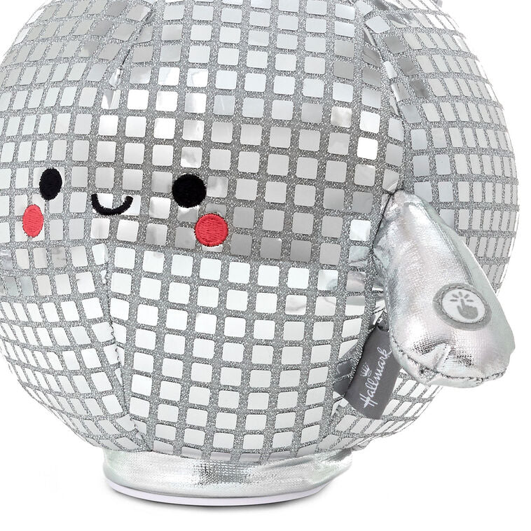 Smiling plush disco ball with silver sequins and arms, spins and plays &