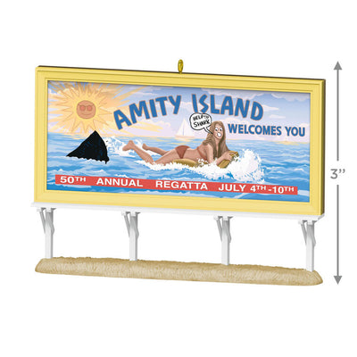 Jaws 50th Anniversary ornament, Amity Island billboard, lenticular image, shark fin, Hallmark Keepsake Christmas decoration.