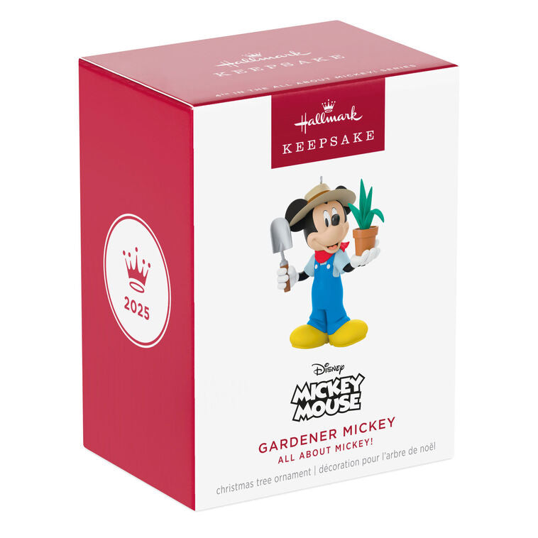 Hallmark Keepsake ornament of Mickey Mouse in overalls and sun hat, holding a potted plant and garden trowel, Disney All About Mickey series