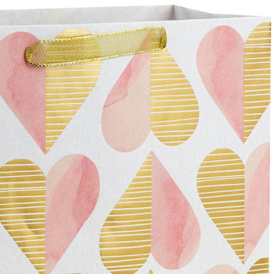 Hallmark 13-inch large gift bag with gold foil and pink watercolor hearts, romantic heart pattern, and sturdy handles
