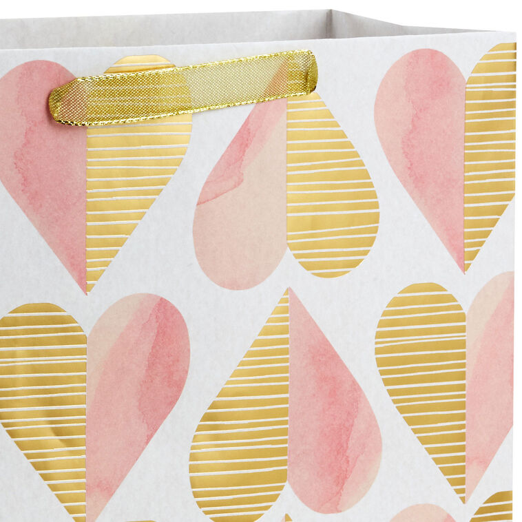 Hallmark 13-inch large gift bag with gold foil and pink watercolor hearts, romantic heart pattern, and sturdy handles
