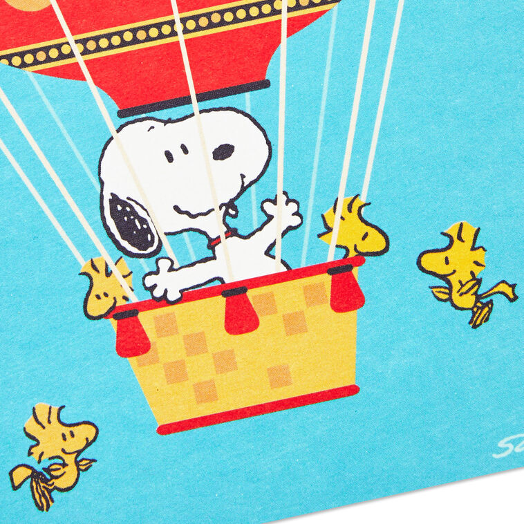 Snoopy and Woodstock flying in red and yellow hot air balloon on thank you cards, includes 12 blank notes with orange-lined envelopes