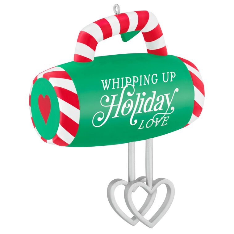 Green hand-mixer Christmas ornament with candy cane stripes and heart-shaped beaters, festive holiday kitchen decor

