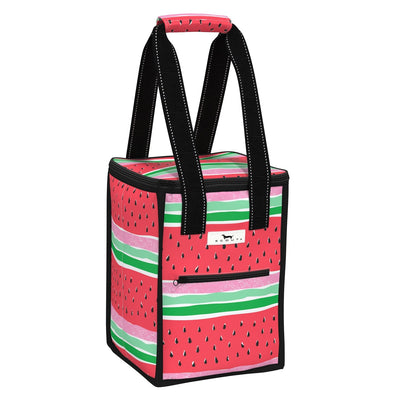 Melondramatic medium soft cooler fits 5 wine bottles upright, insulated with zip closure and exterior storage pockets.